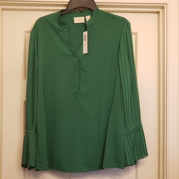 Chico's Elegant Green Blouse w/ Button Pleated Flare Sleeves | Size 2 (US 12) - Picture 2 of 10